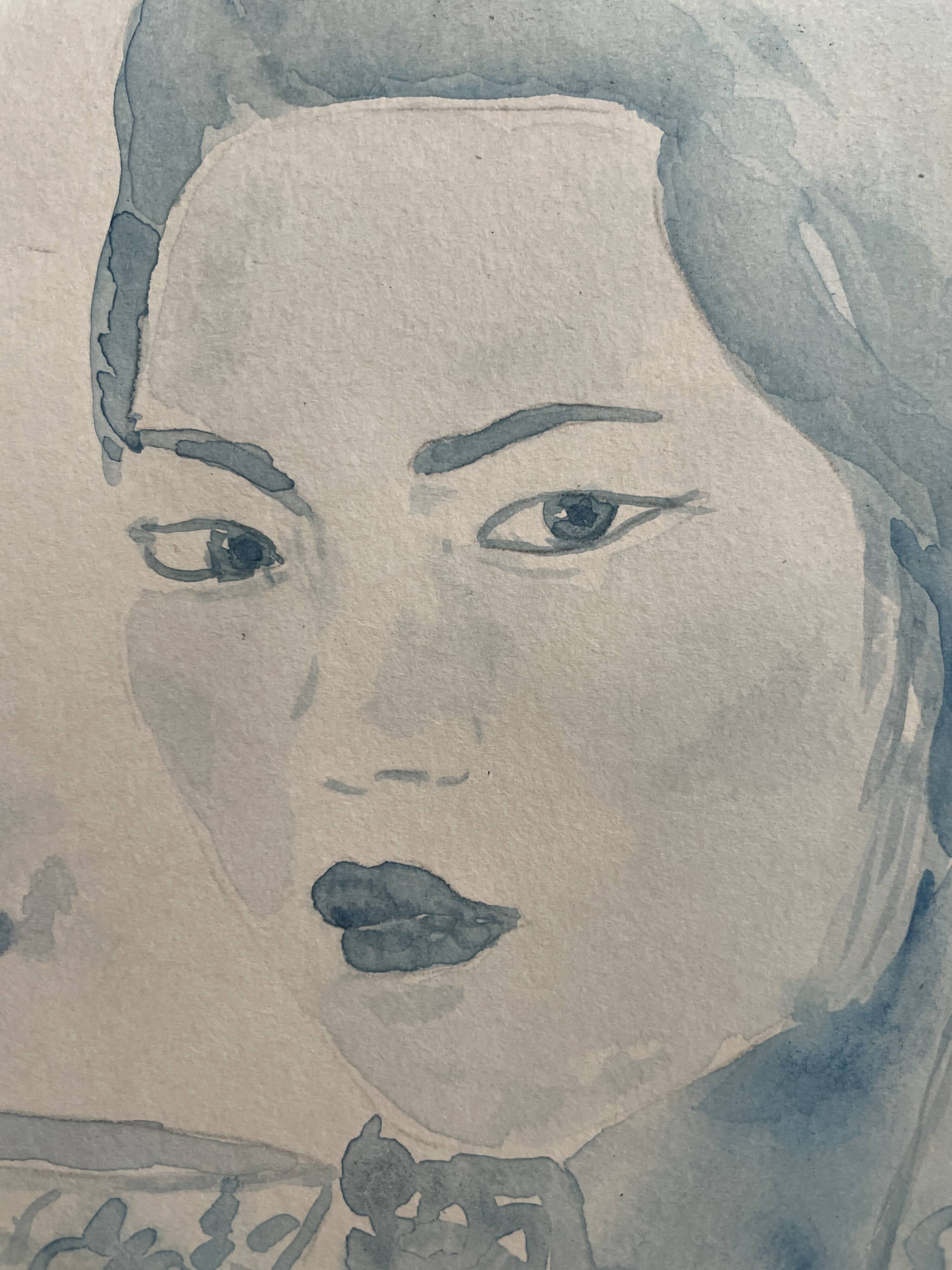 Signed blue watercolor painting “Geisha Tea Time” Japan