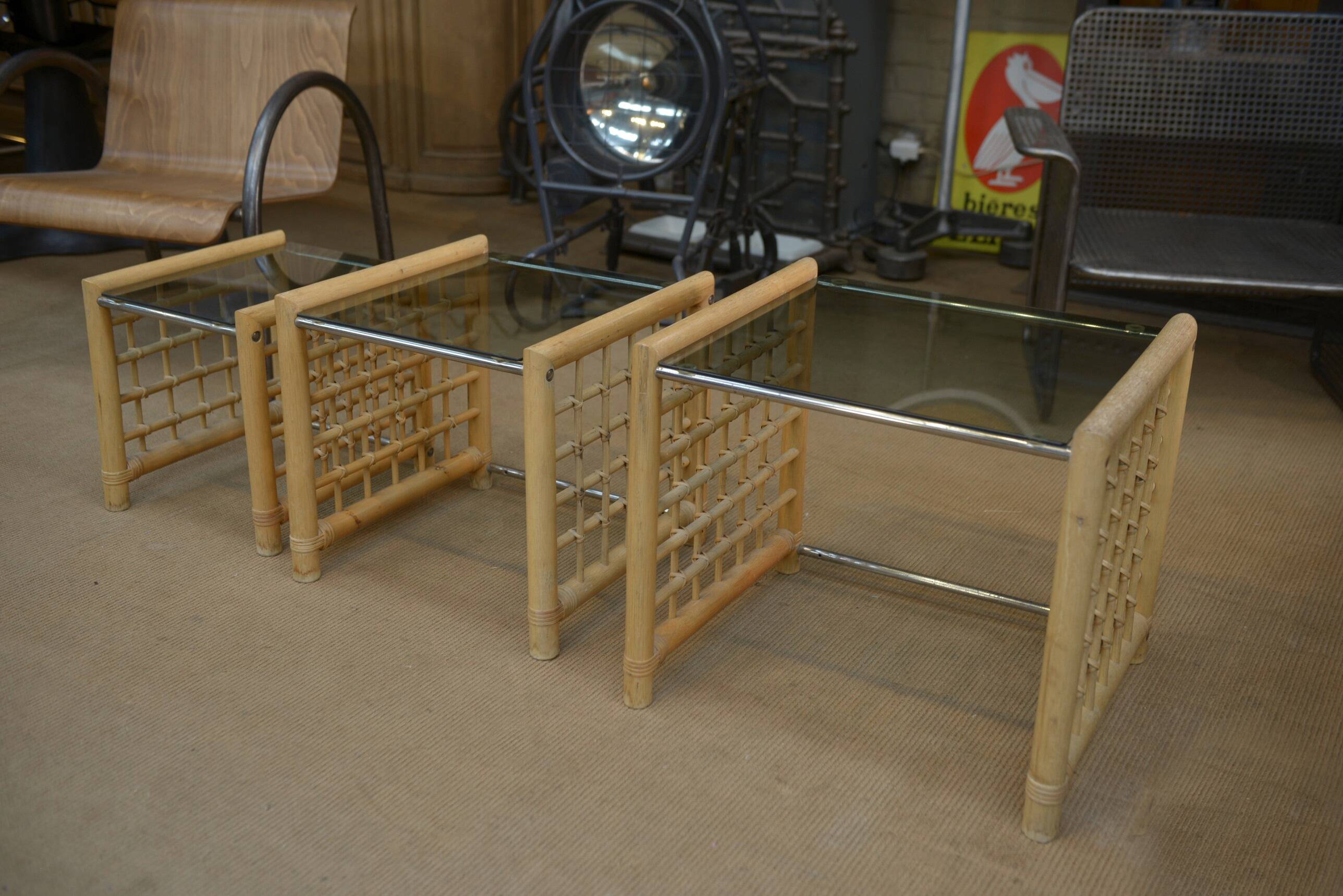 Set of 3 bamboo nesting tables 1960