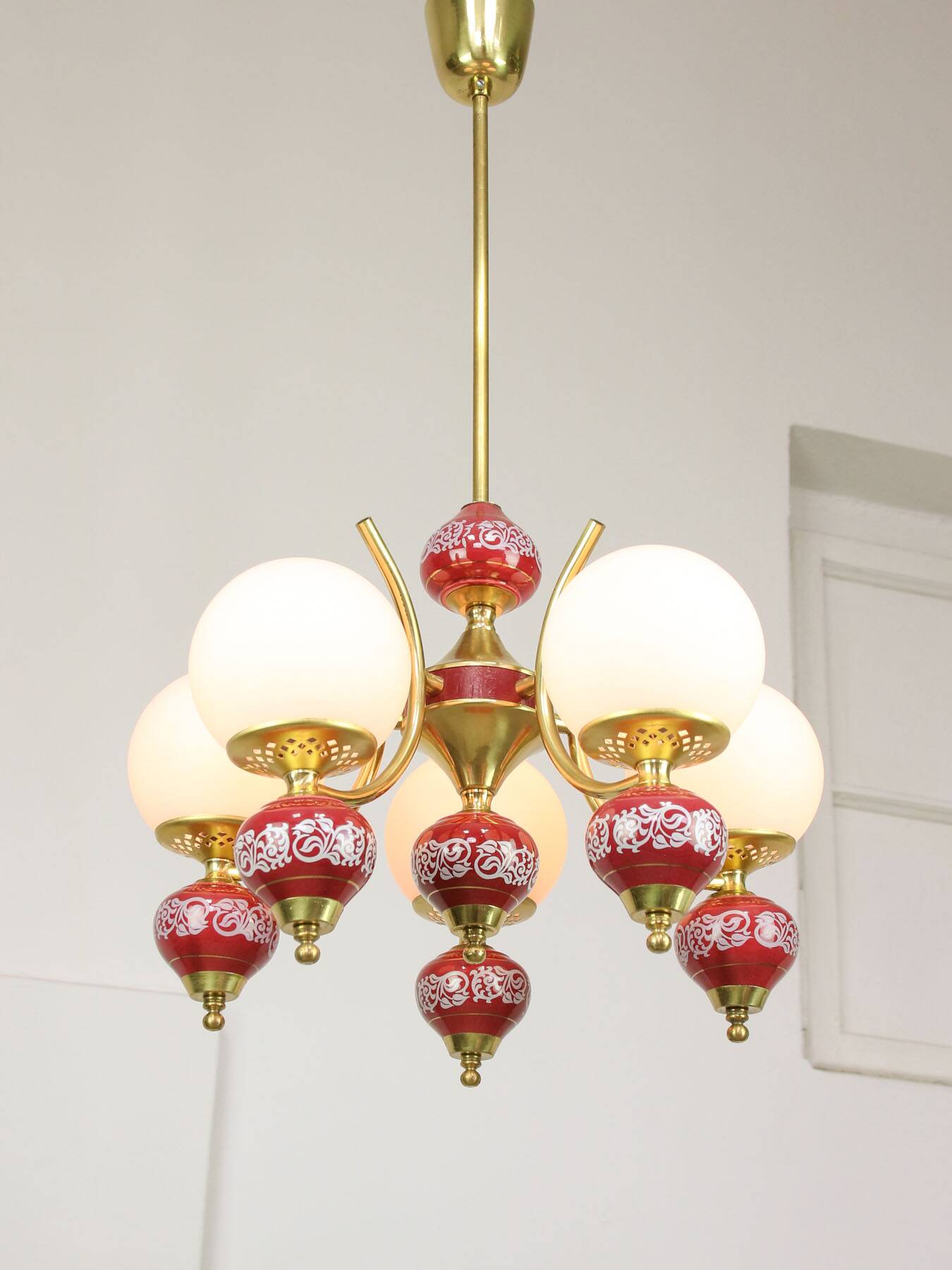 Mid-Century Italian Brass, Opaline & Ceramic Chandelier