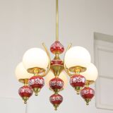 Mid-Century Italian Brass, Opaline & Ceramic Chandelier
