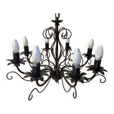 Ancien grand lustre plafonnier fer forgé art populaire déco rétro antique france