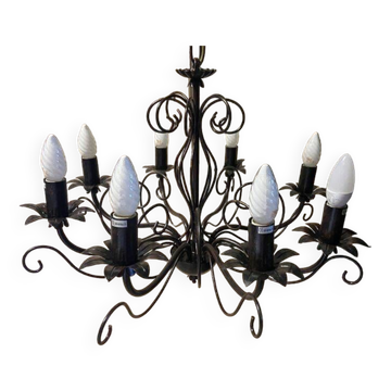 Ancien grand lustre plafonnier fer forgé art populaire déco rétro antique france