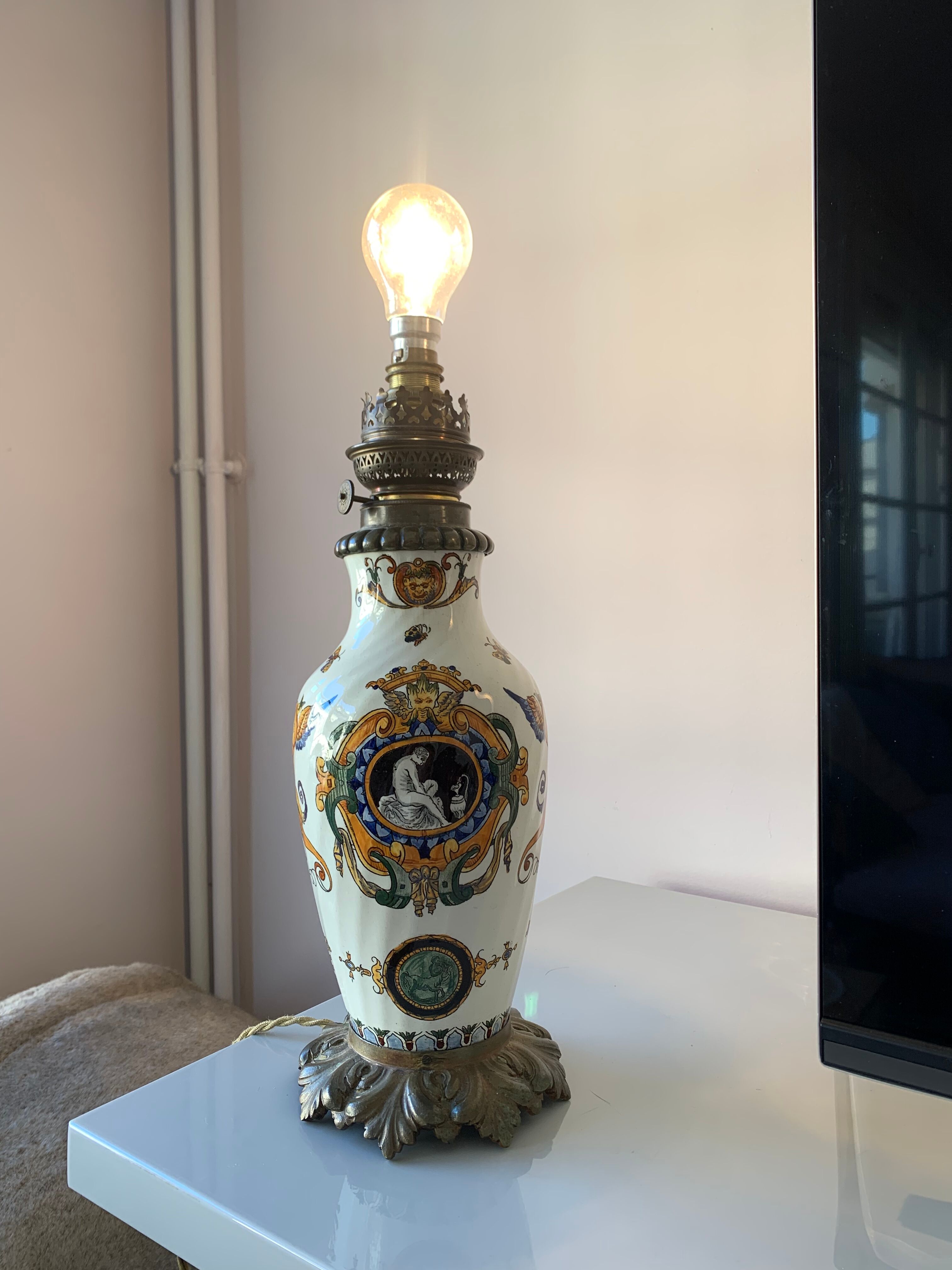 Old faience lamp foot of Gien Renaissance decoration 1876