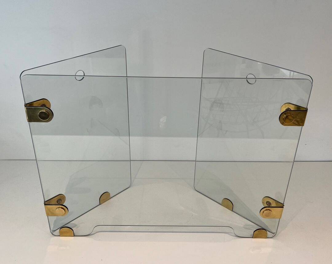 Three-Panel Folding Fire Screen with Clear Glass and Brass Hinges Ova