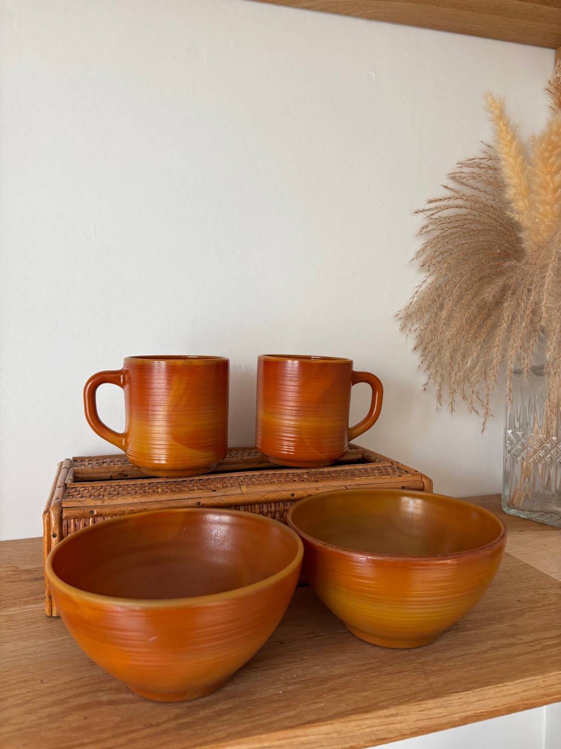 Vintage set of 2 Arcopal volcano mugs and bowls