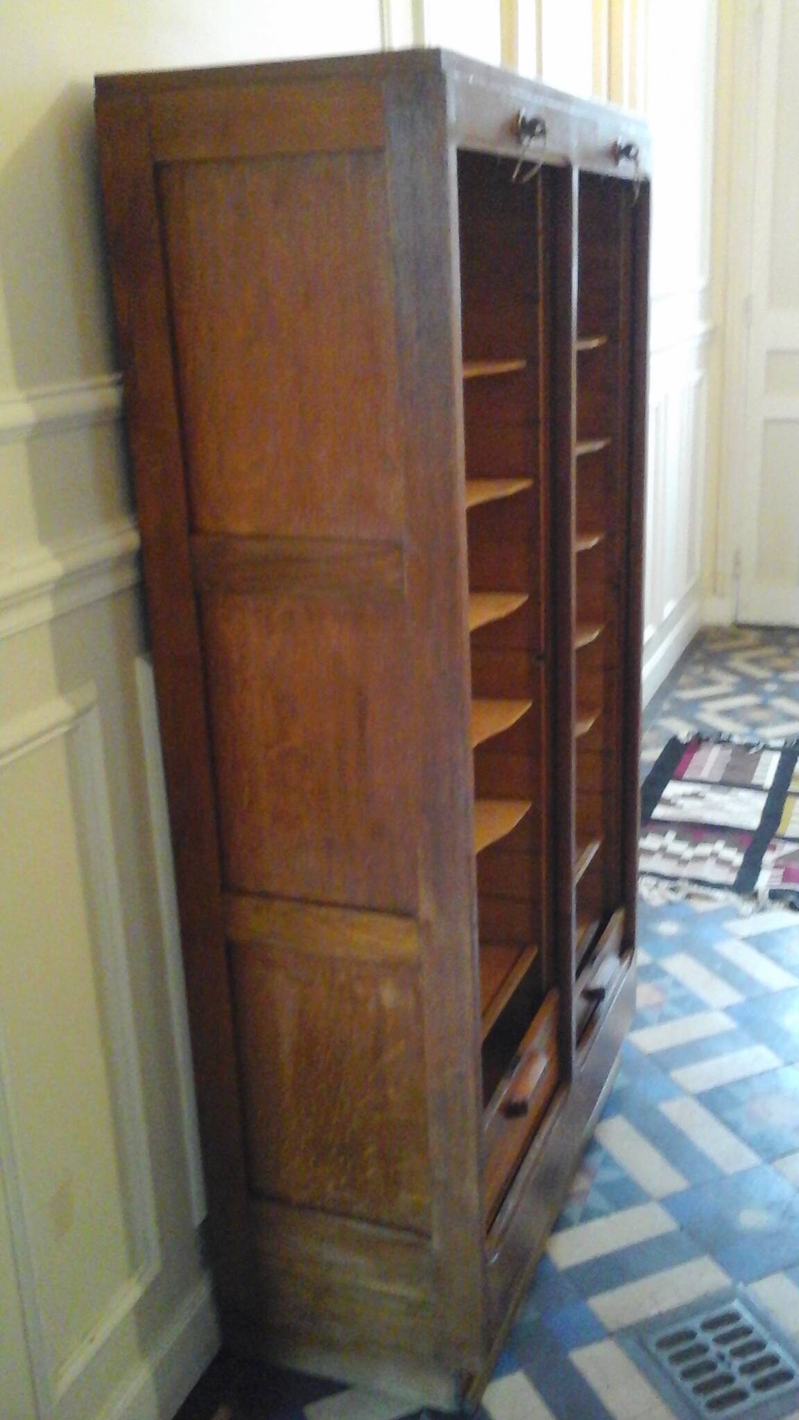 Double oak curtained filing cabinet