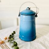 Pot à lait ancien vintage en tôle émaillée bleu dégradé