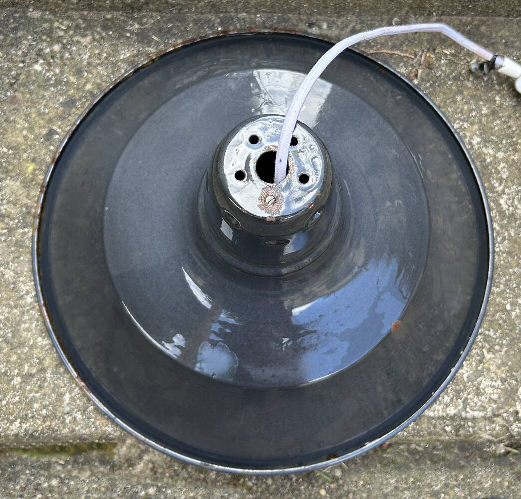 Industrial enameled pendant light, gray blue, vintage.