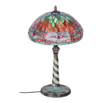 Original Art Deco Table Lamp, Enameled Bronze, Glass Shade, France, 1970s