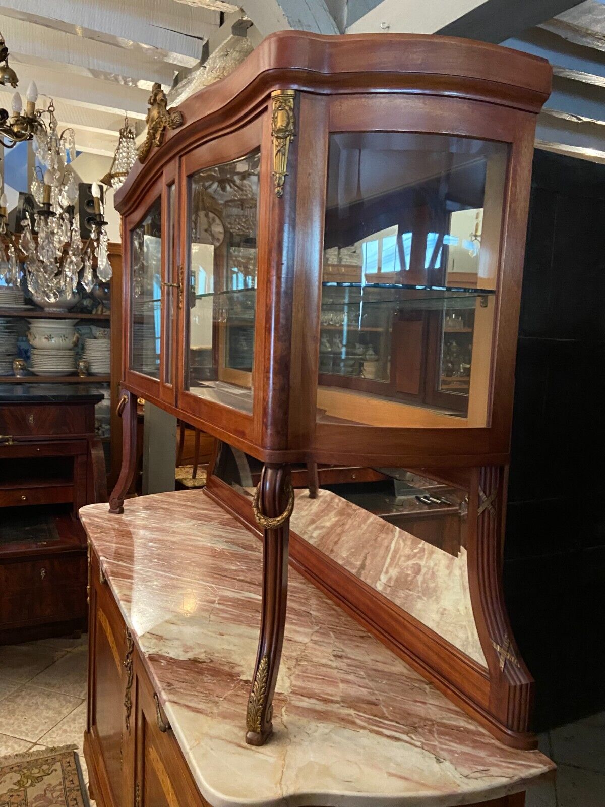 Sideboard two body mirror top marble decoration inlaid bronze Louis XVI