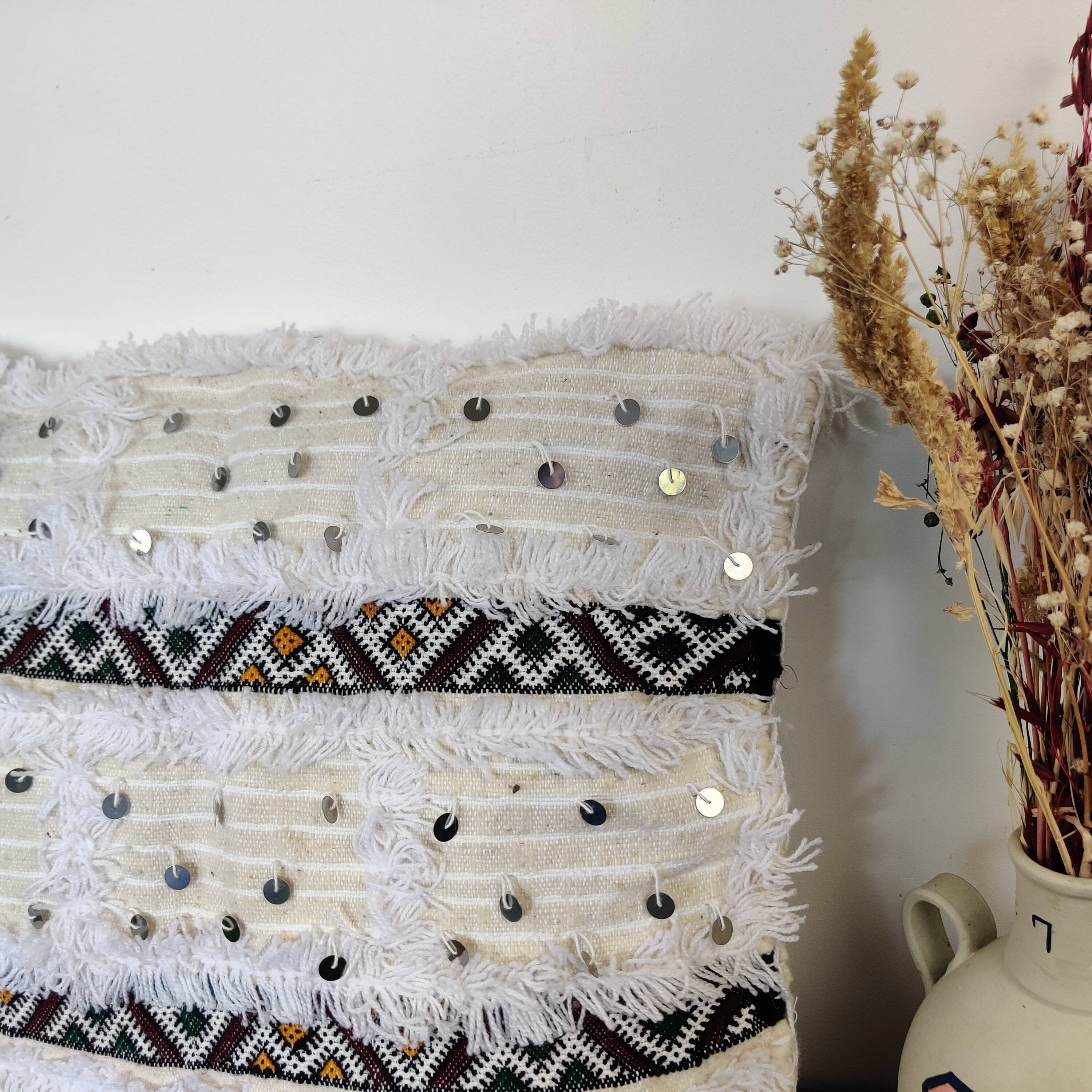 Moroccan white handira kilim cushion