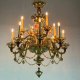 Venetian chandelier in multi-colored Murano glass with a green dominant color, 12 light arms, circa 1880