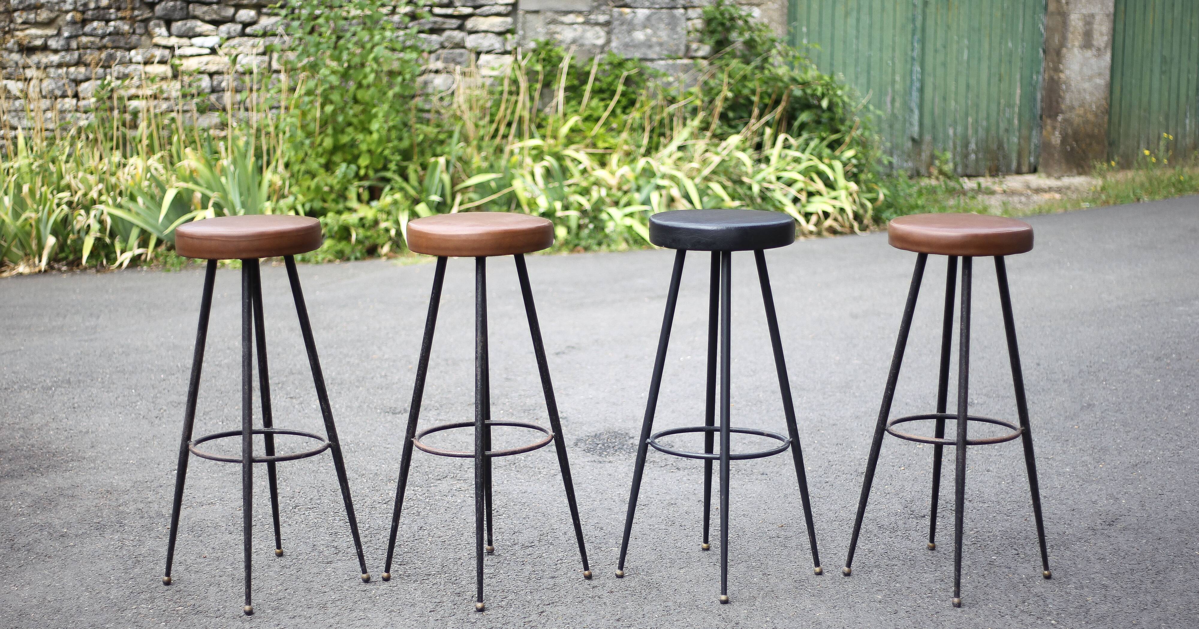 Set of 4 bar stools, metal and imitation leather stool, high stool