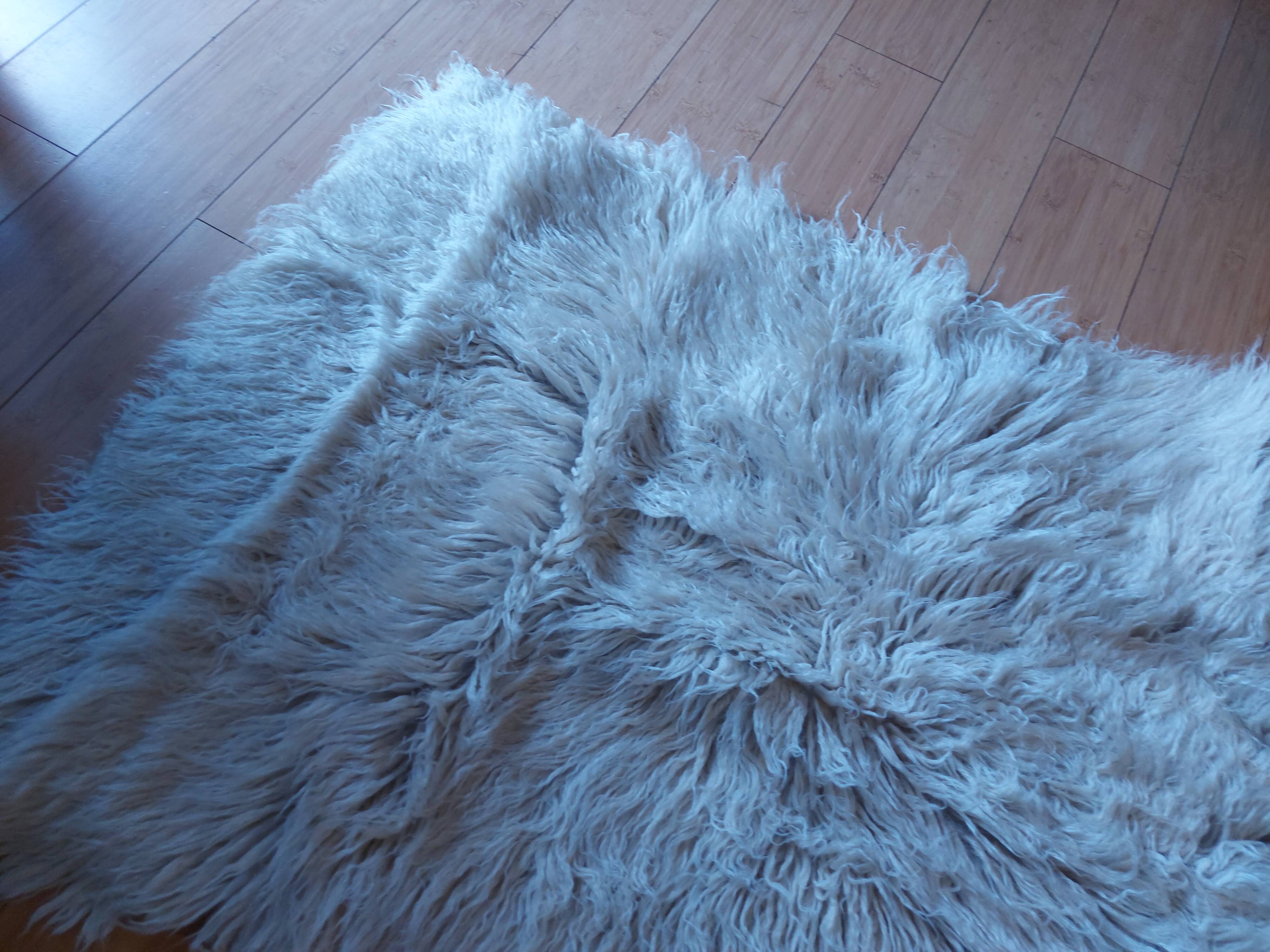 White pure wool long pile rug, vintage