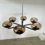 Old 6-light chandelier designed by Sciolari in chrome metal and smoked glass, 70s vintage