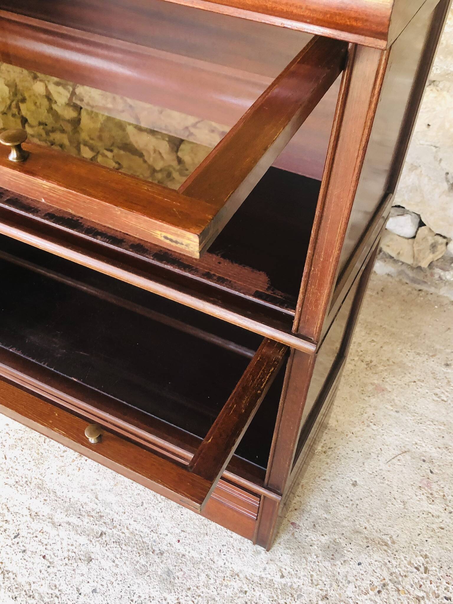 Vintage mahogany avocado bookcase with overhead glass doors circa 40's/50's
