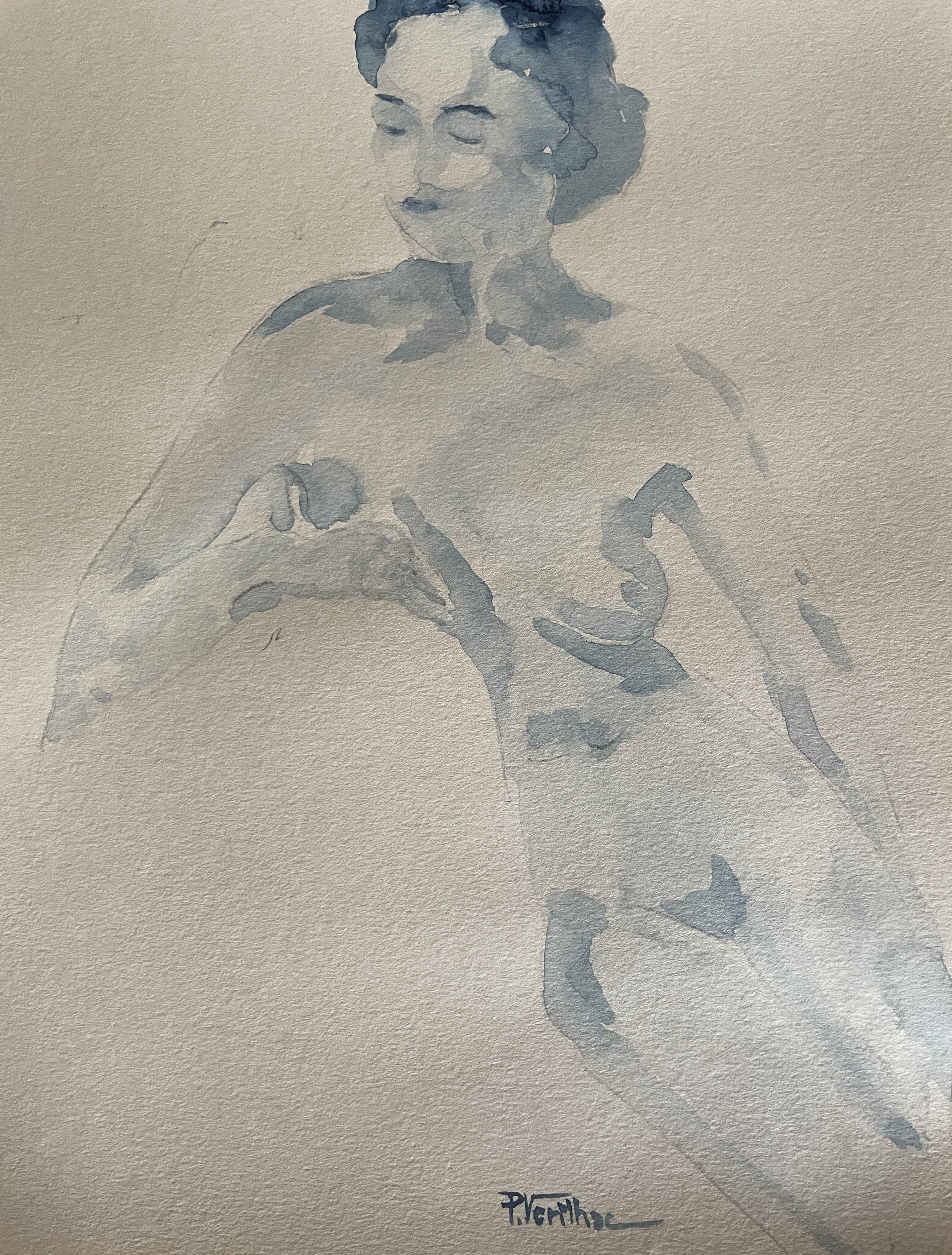 Painting signed monochrome blue black watercolor “seated woman”