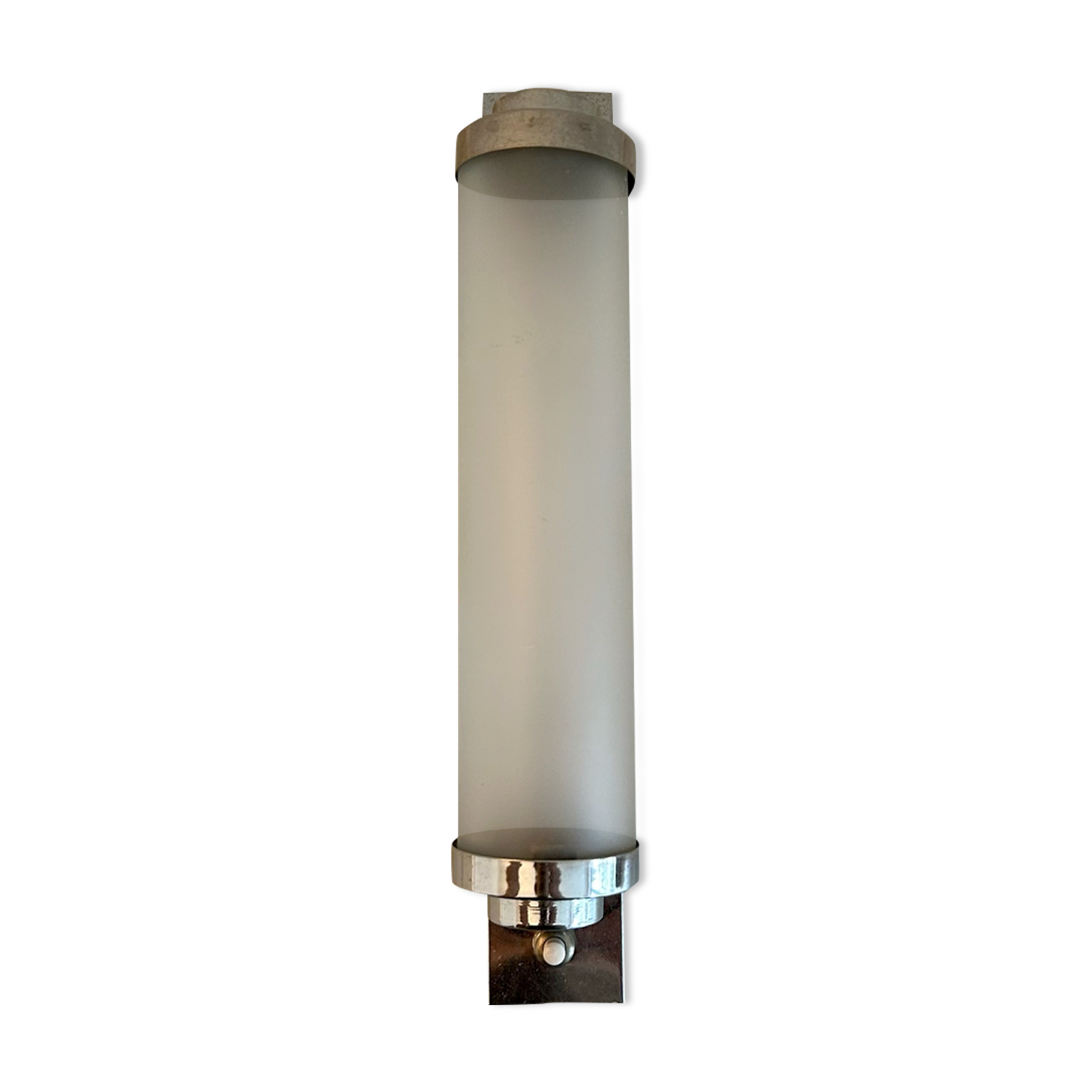 Vintage modernist wall lamp, sandblasted glass and chromed metal, art deco 1930