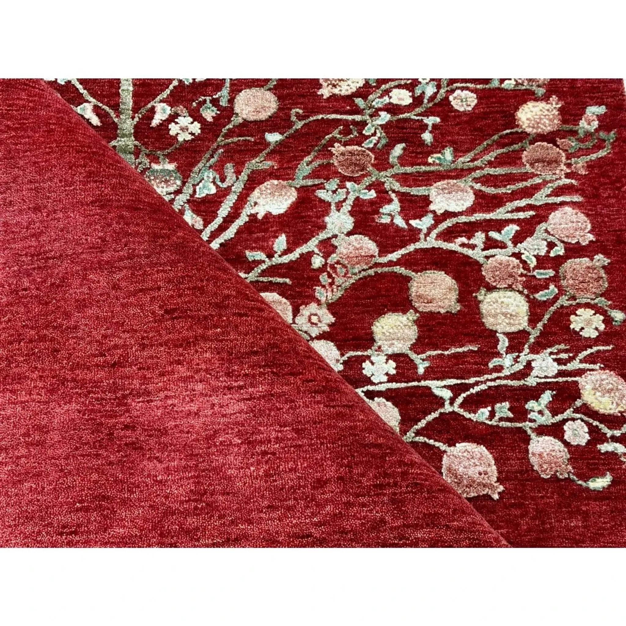 Hand-Knotted Red Area Rug with Botanical Tree Design for Living Room
