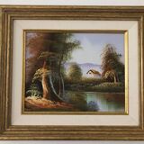 Tableau, Peinture, Forêt automnale en bord de rive, signé TOM, France