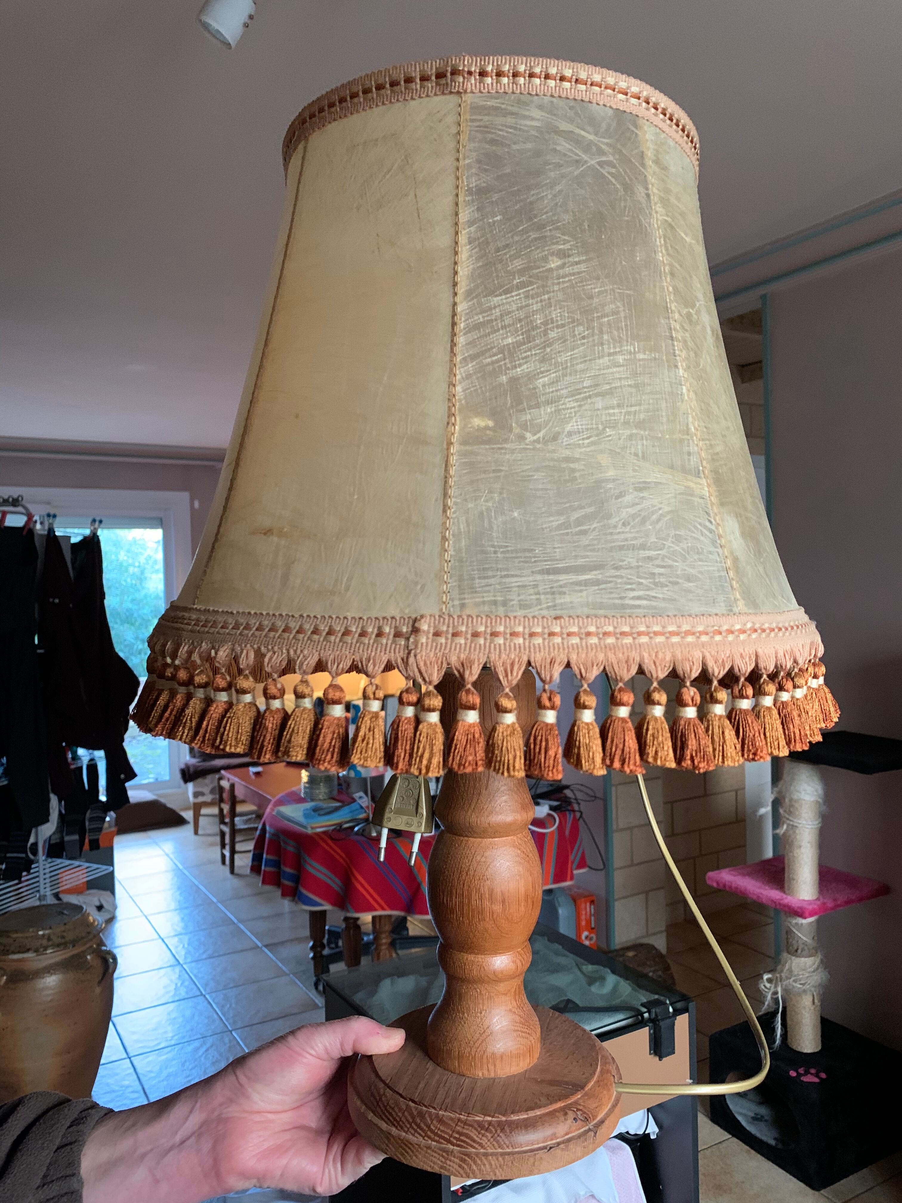 Solid wood lamp and French lampshade in pig bladder