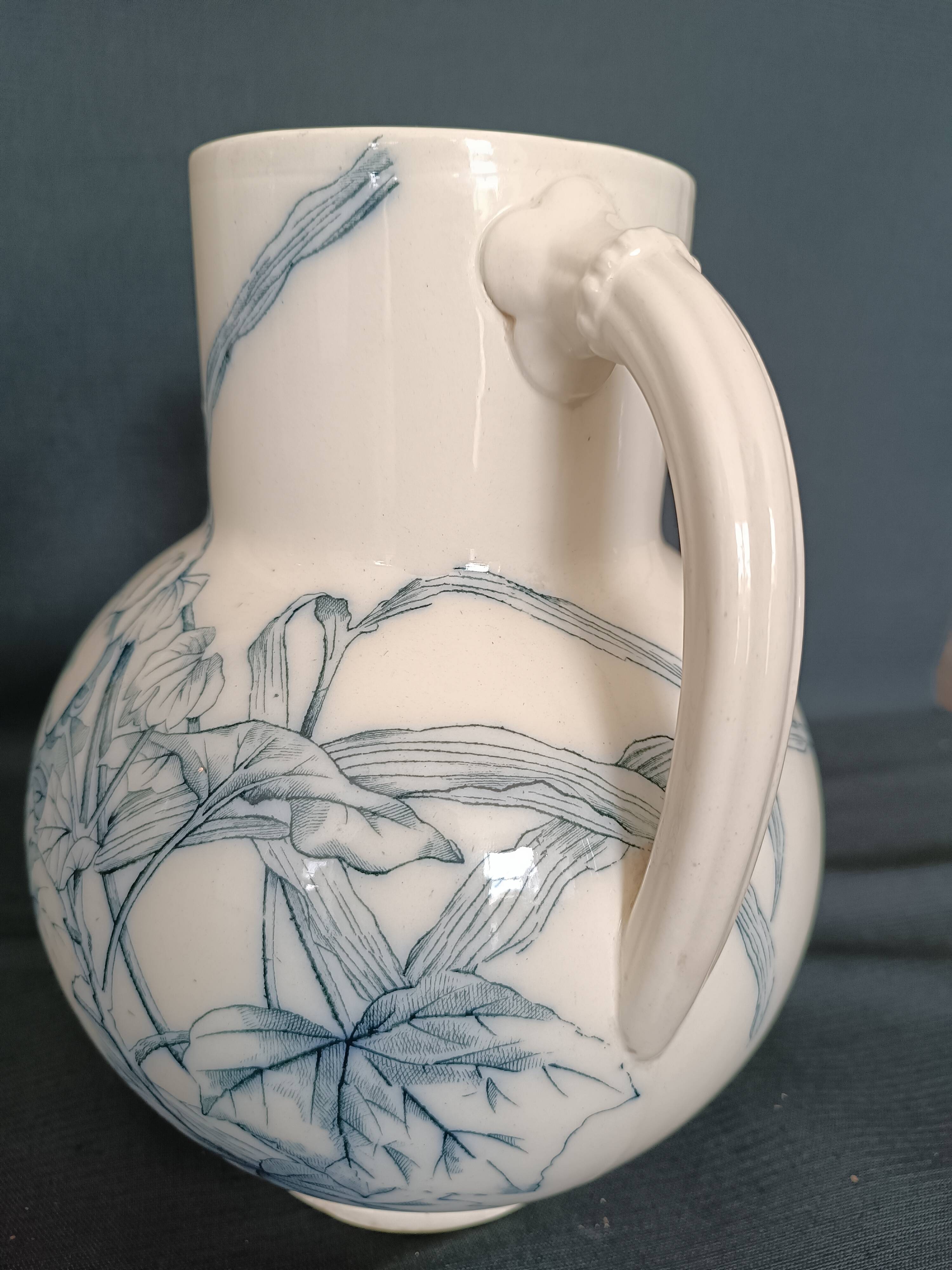 Pitcher jug vase earthenware floral decor blue early 20th century