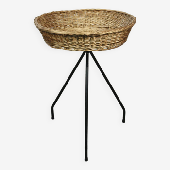 Rattan basket on wrought iron tripod foot 1950s