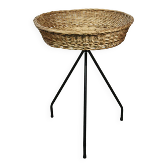 Rattan basket on wrought iron tripod foot 1950s