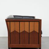 Art Deco  black leather 2.5-seater design sofa with beautiful woodwork