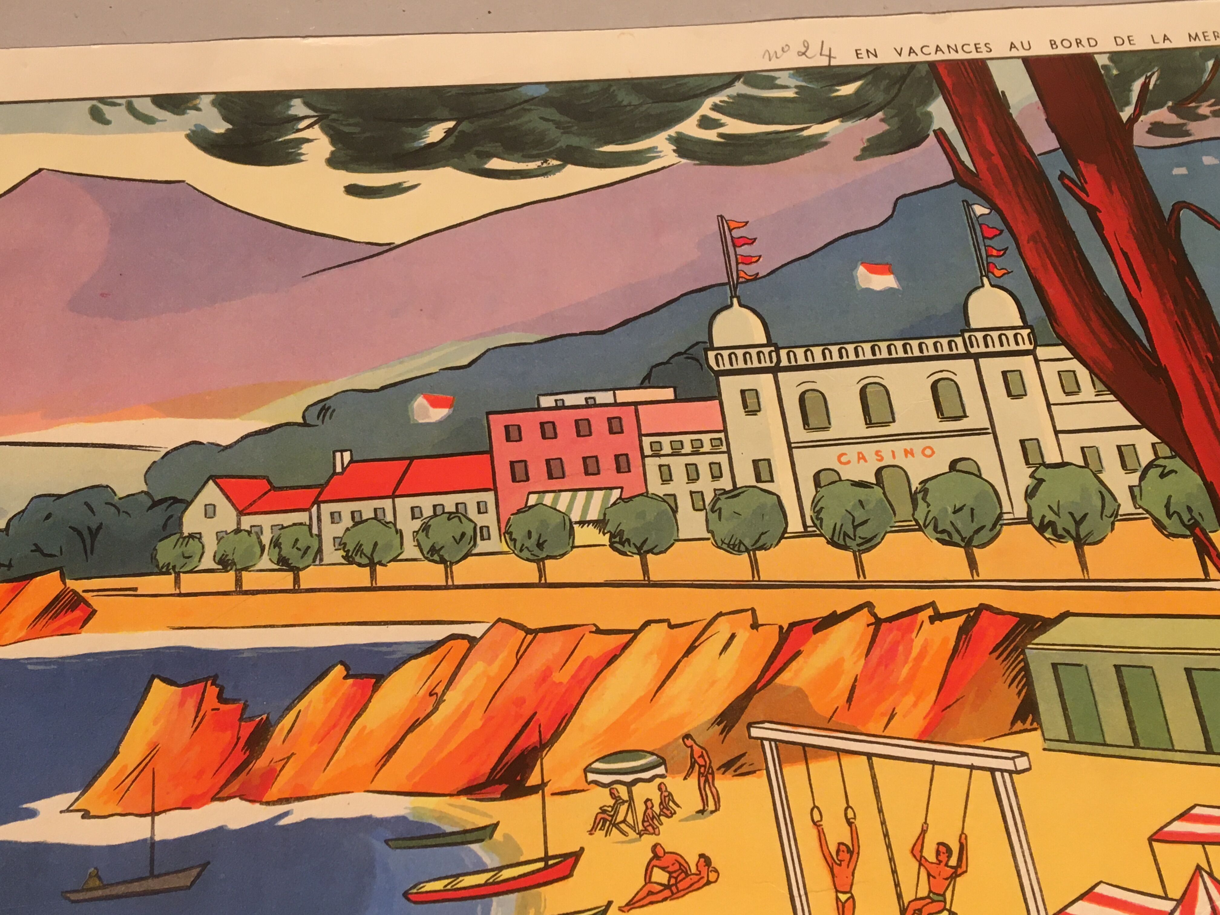 Affiche scolaire école vintage scène de vie recto « Les bohémiens" verso "Vacances au bord de la mer" pour Rossignol années 50