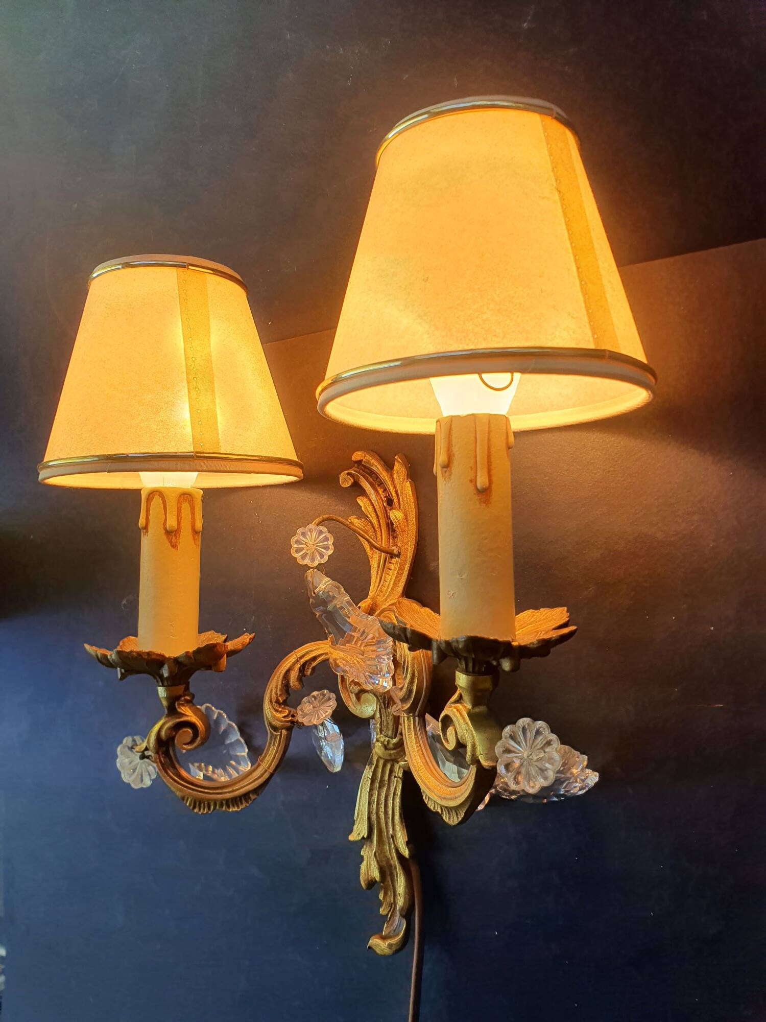 Pair of wall sconces candle holders with antique pendants