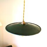 Vintage green enamelled metal suspension, antique industrial light fixture.