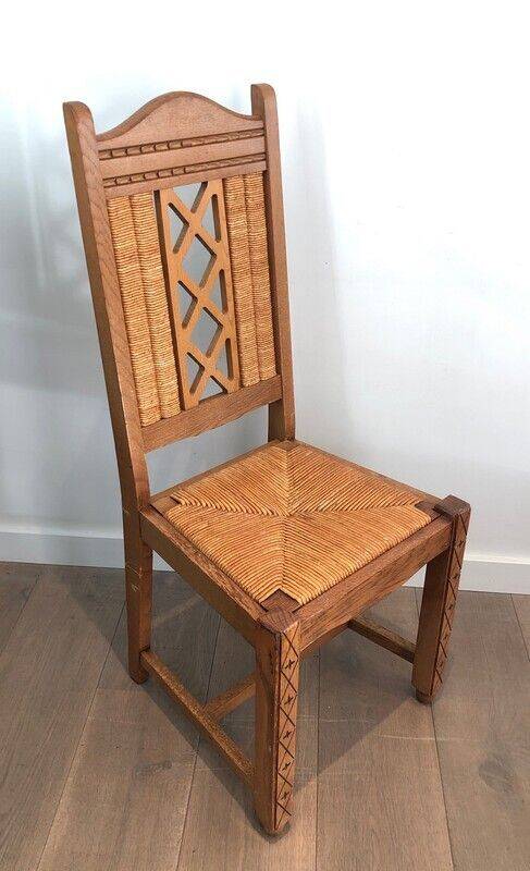 Lot de 6 chaises brutalistes en bois et rotin