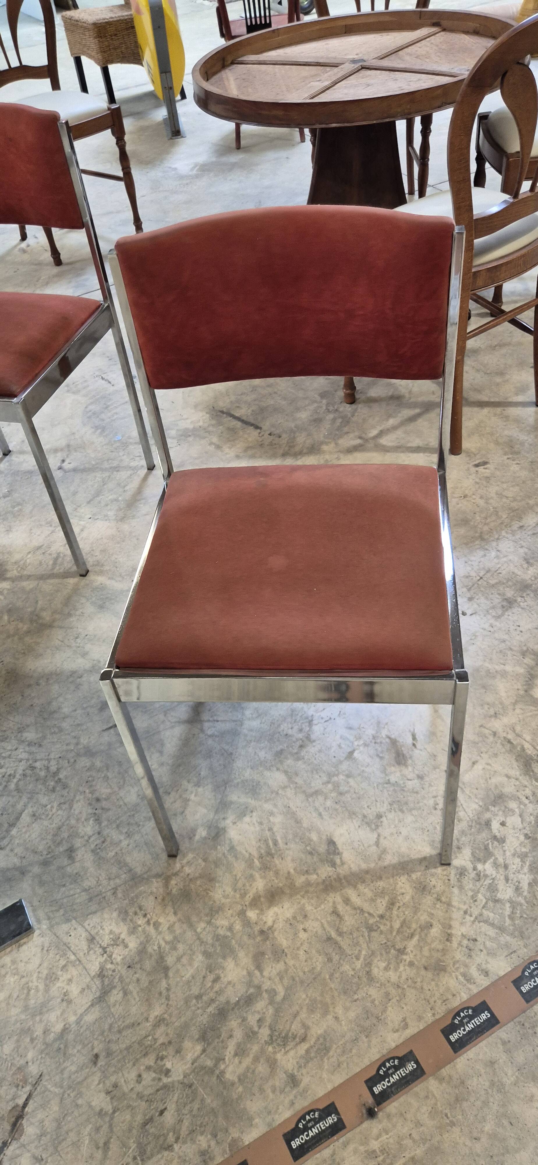 Dining room table + 4 stainless steel and smoked glass chairs 1970