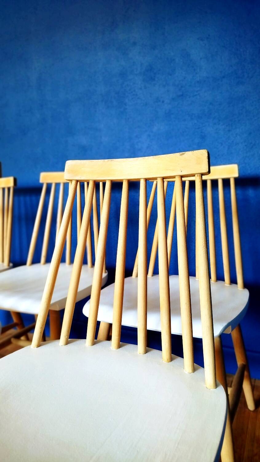 6 vintage wooden and white chairs