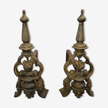 Pair of antique bronze fireplace chenets