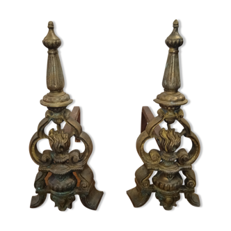 Pair of antique bronze fireplace chenets