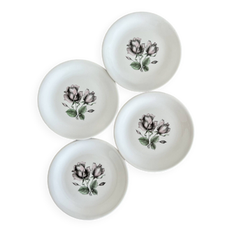 4 assiettes à dessert vintage porcelaine Moulins des Loups motif roses modèle Fascination