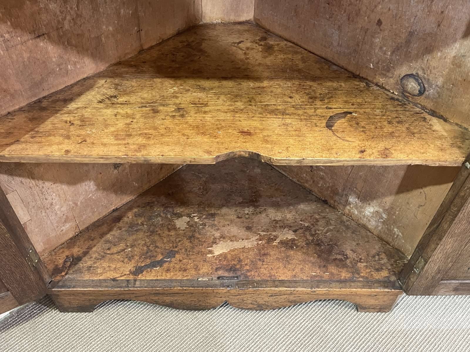19th-century English corner cabinet in oak, mahogany, and fir.