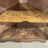 19th-century English corner cabinet in oak, mahogany, and fir.