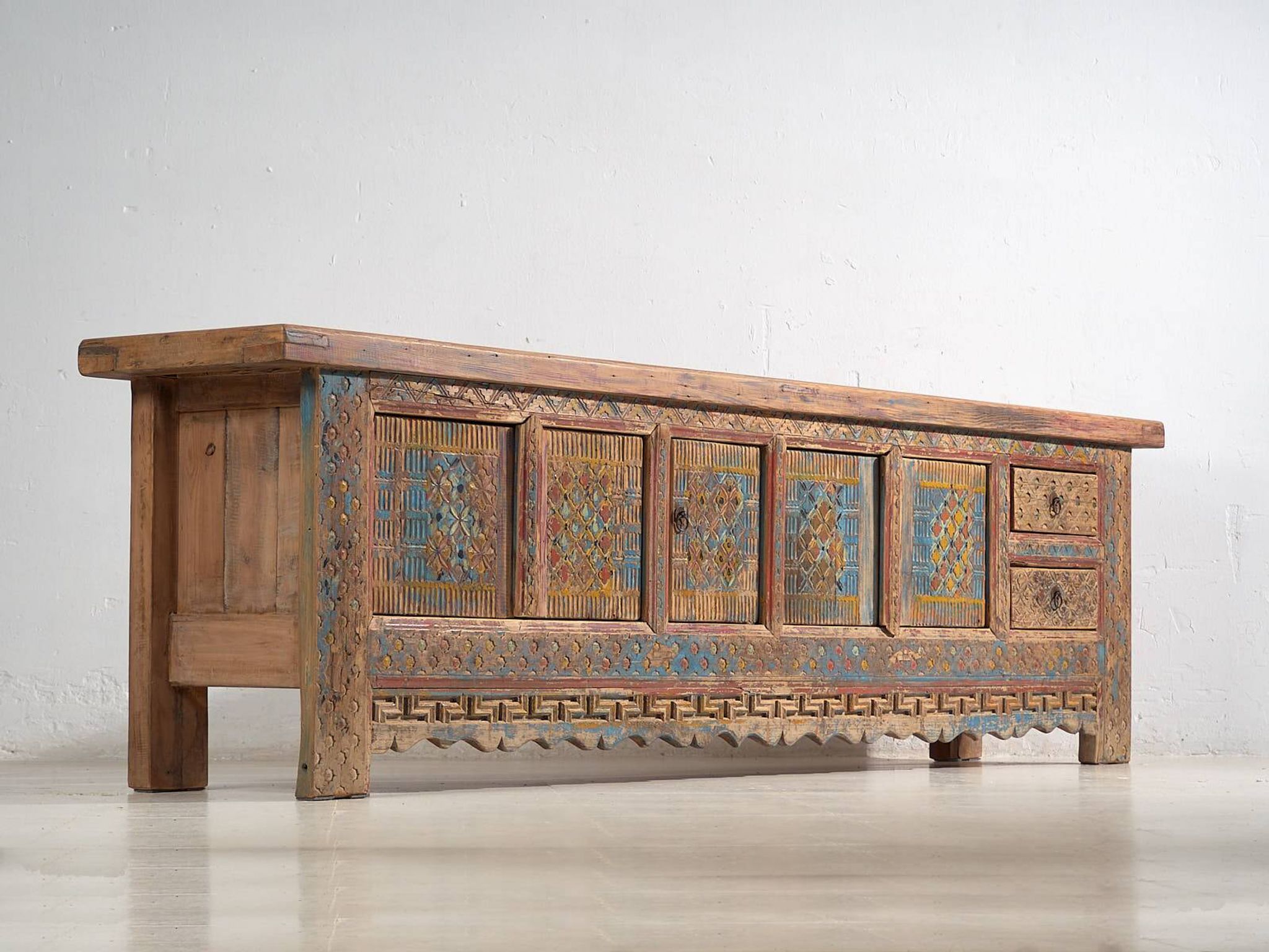 Storage unit, sideboard in painted wood and original blue patina, c.1850