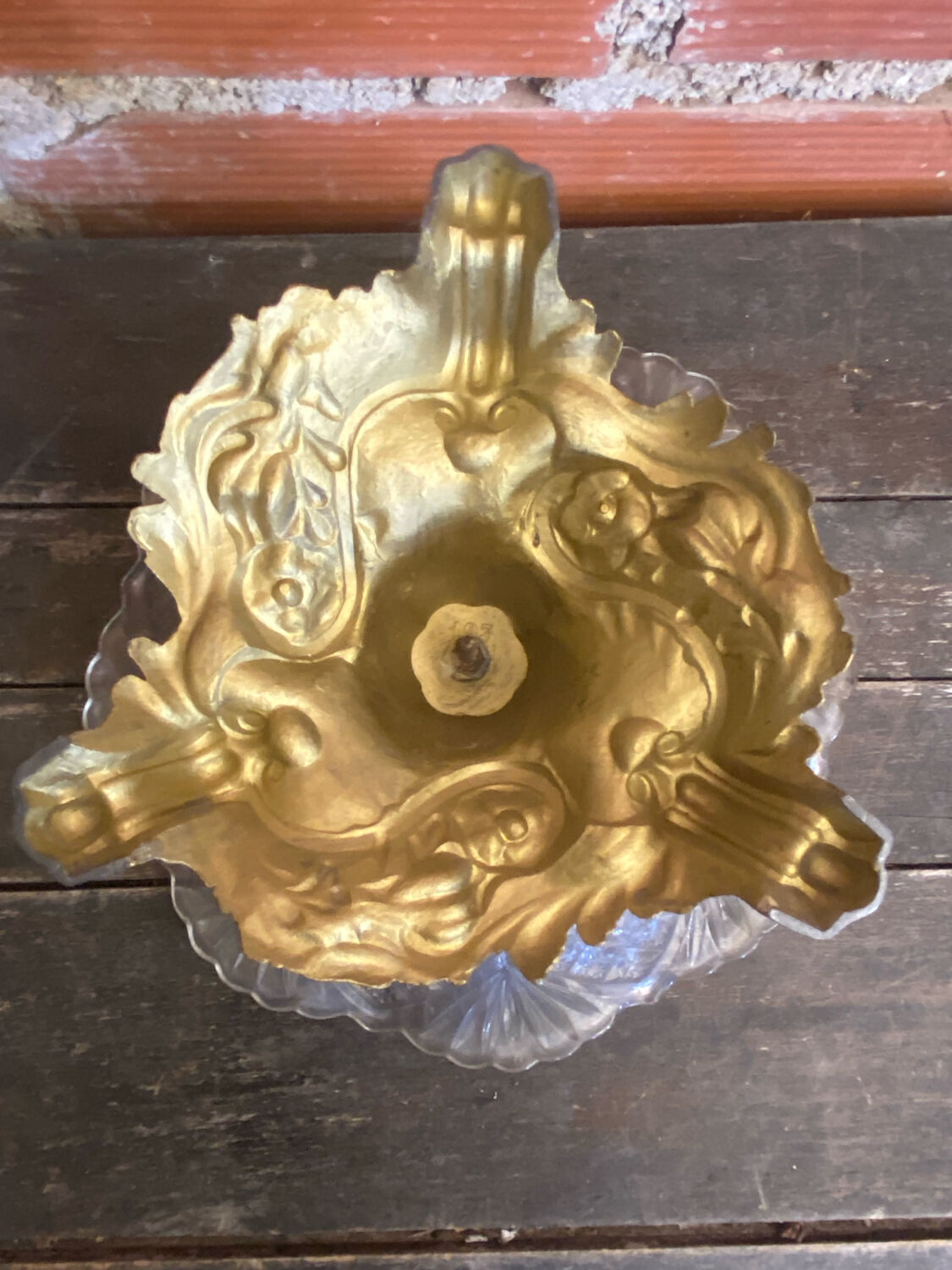 Antique art nouveau fruit bowl moulded glass + golden metal pedestal