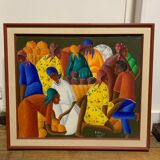 Oil on canvas - Haiti - market scene - signed