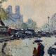 Huile sur toile vintage Notre Dame de Paris, scène de rue sous la pluie, signée 1950