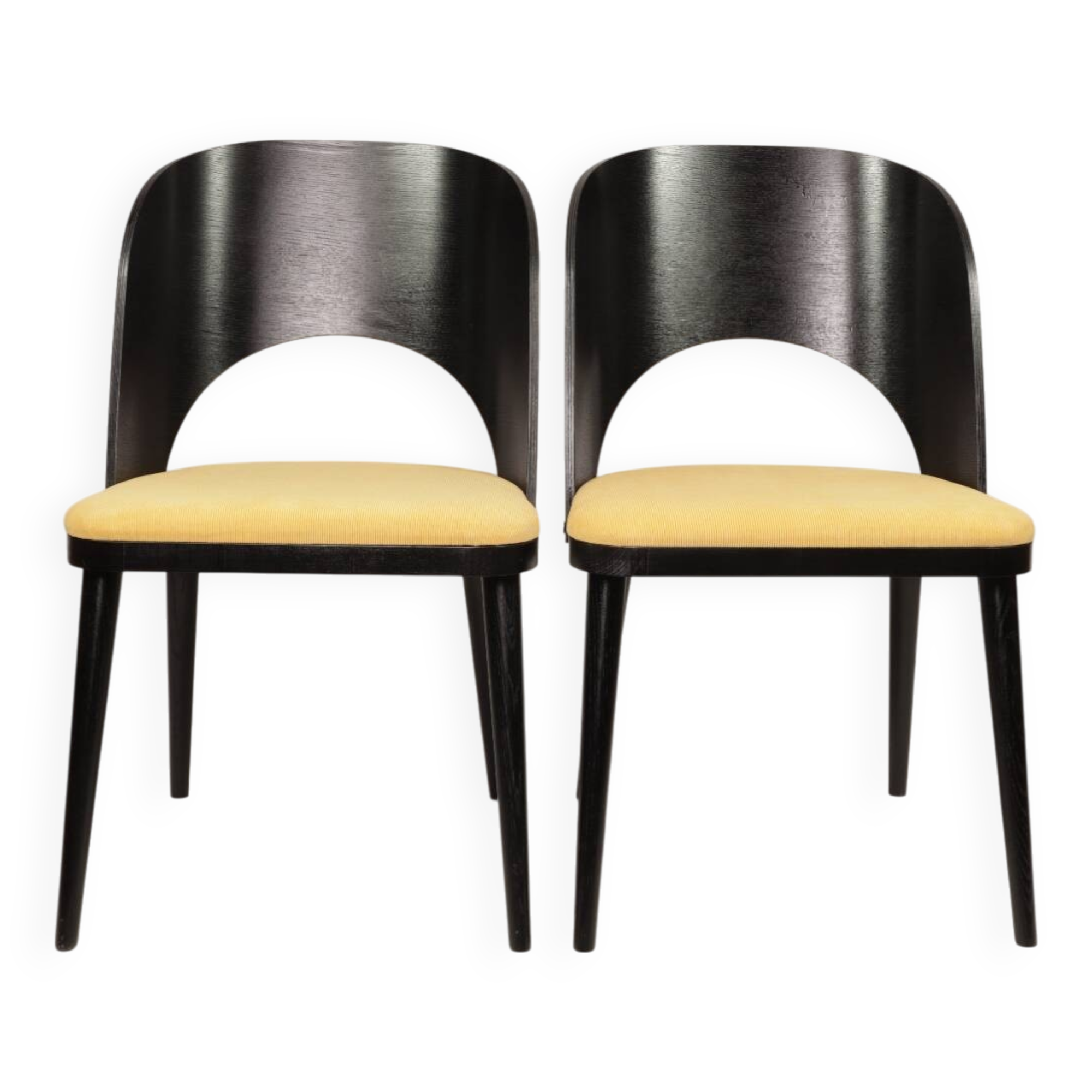 Vintage dining chairs set of 2 black oak wood retro yellow fabric