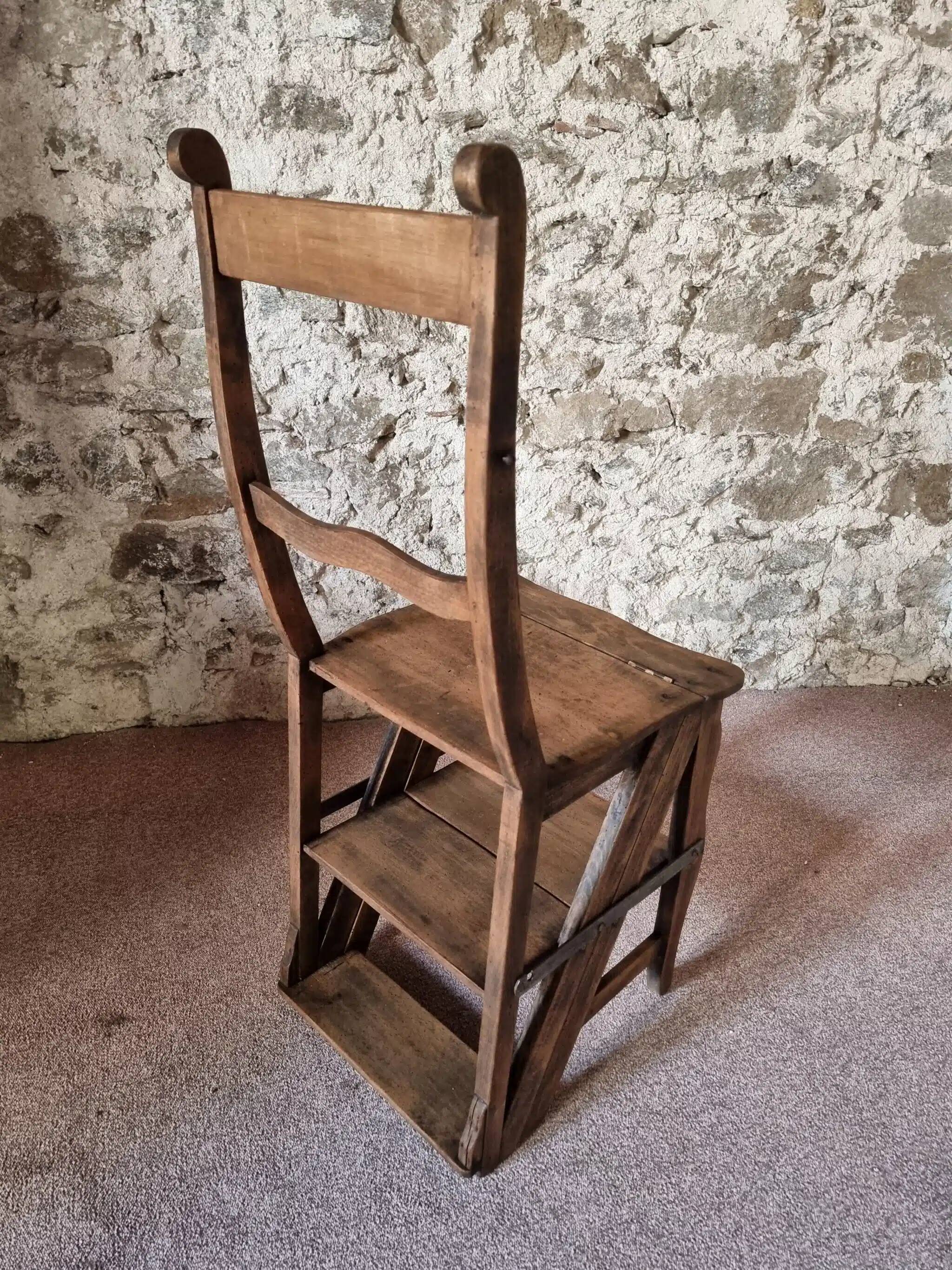 Chaise échelle de bibliothèque en chêne français antique – Tabouret escamotable