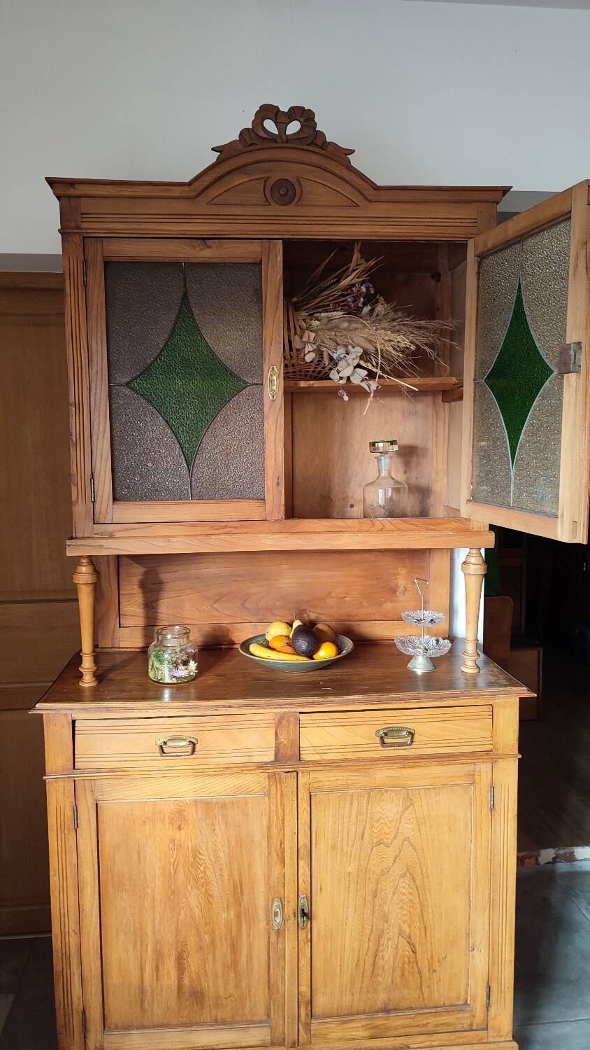 2-part wooden and stained-glass sideboard