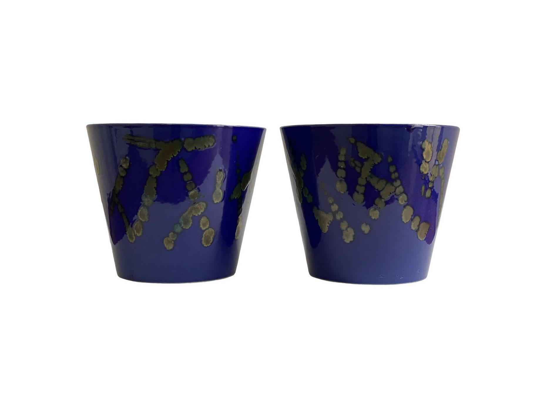 Set of 2 blue West German ceramic planters / flower pots
