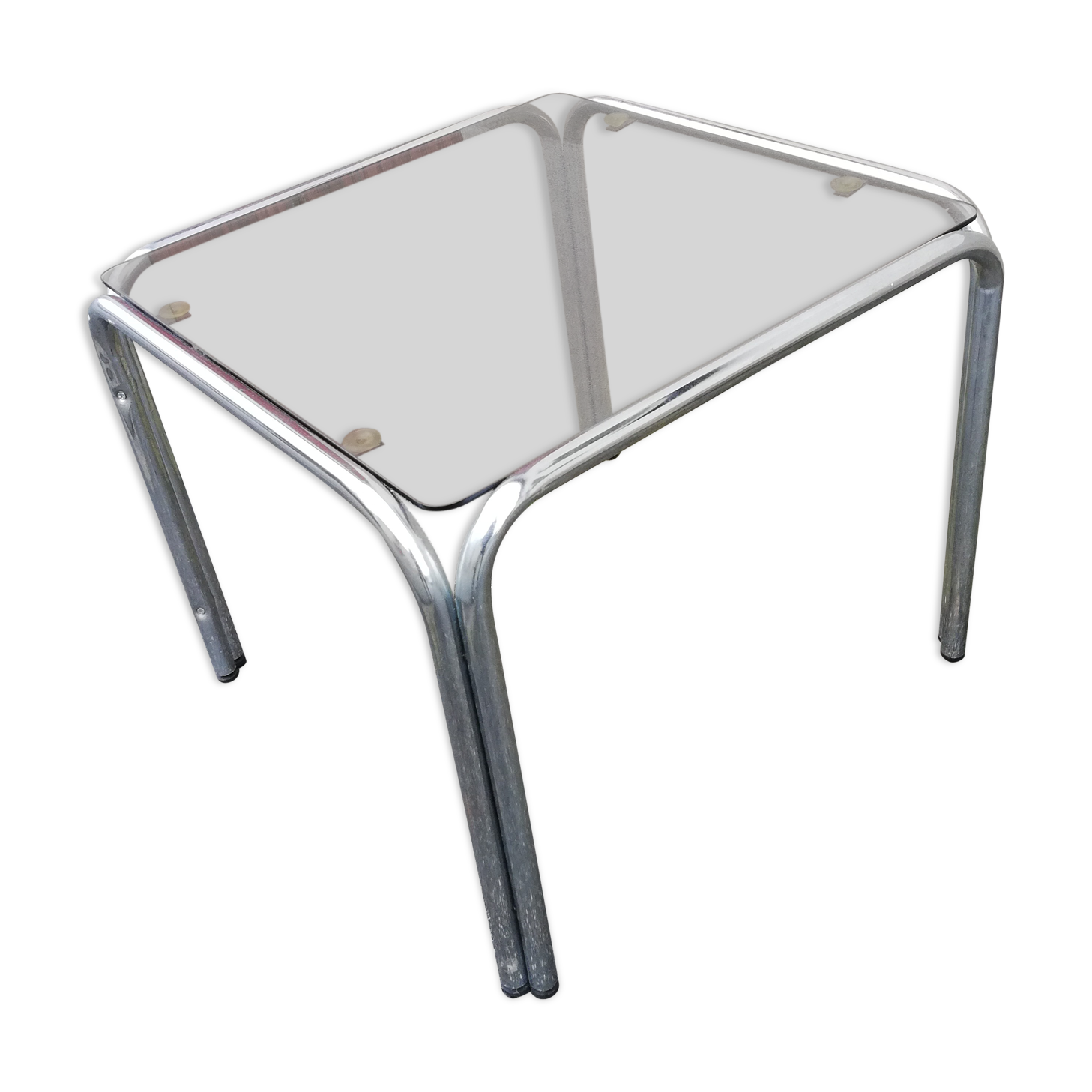 Table basse vintage chrome et verre fumé marron