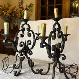 Pair of 3-light wrought iron candlesticks on vintage legs